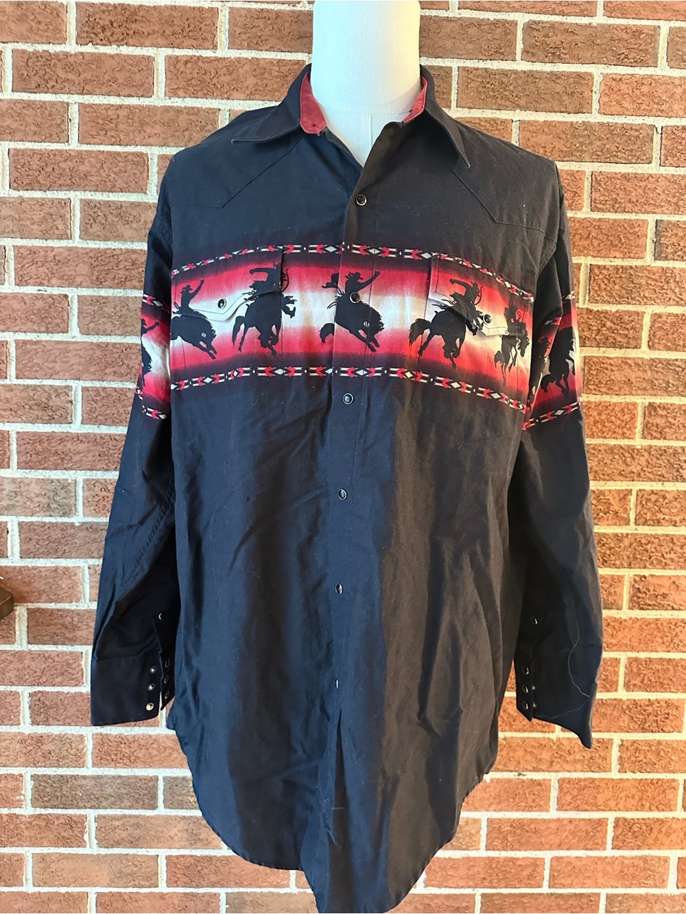 Cumberland Outfitters XL Western Snap Shirt Cowboy Rodeo Horse Print Black VTG